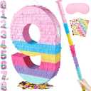 PCFING 20 Inch Number 9 Piata Rainbow Candy Color with 30 Inch Piata Stick Blindfold Confetti for Boy Girl Kids Birthday Party Decorations, Anniversary Celebration, Fiesta
