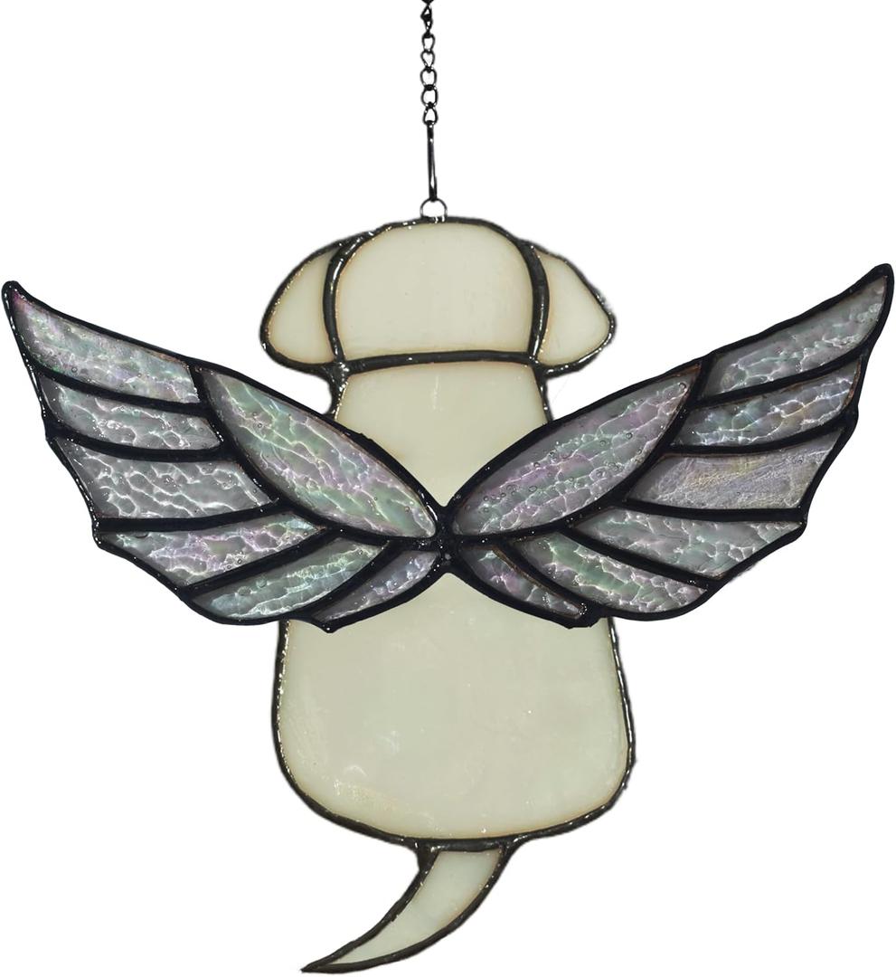 Stained Glass Rainbow Wing Angel Dog Memorial Gift for Loss of Dog Bereavement(White)
