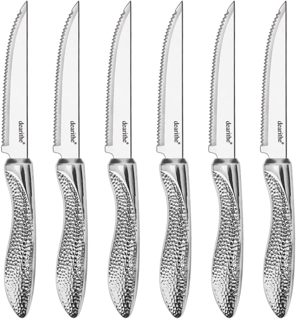 Steak Knives Set of 6, Stainless Steel Serrated Sharp Blade Steak Knife Set, Hammered Pattern Handle,4.5 In,For Kitchen Restaurant Tableware, Dishwasher Safe