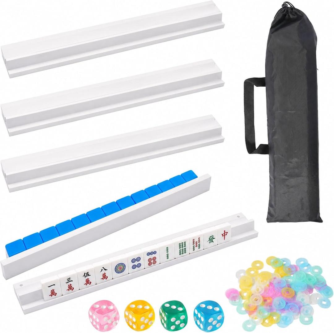 Wooden Mahjong Racks with Pushers Set, 4 Magnetic Mahjong Tile Racks with Detachable Pushers, American Mahjong Accessories with Dice Chips & Storage Bags for Game Table (White)