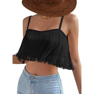 Ella Lust Womens Cowgirl Fringe Tank Top - Western Country Concert Outfit Tassel Hem Crop Cami Nashville Festival Shirt XS