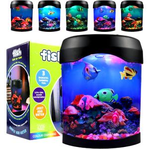 Toycol Fake Fish Lamp, Nightly Lifelike Desk Electric Mood Light, LED Light Tank with 6 Color Changing and (5 Fake Fish) Mini Aquarium for Home Office Deco Adults, Gifts for Kids and Adults