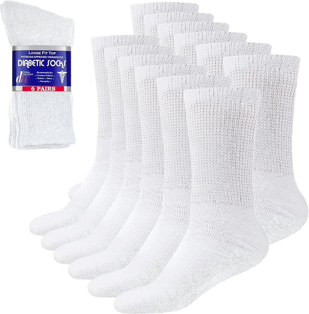 Debra Weitzner Diabetic Socks For Men and Women Loose Fit Non-Binding Cotton Crew Socks 6 Pairs (13-15)