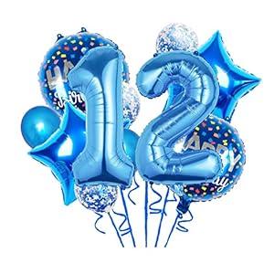 Chaungfu Balloons, 11 pcs Foil Balloons 12 Year Old for 12th Birthday Party Supplies Decoration， Confetti Balloon Kids Years (12th, Blue)