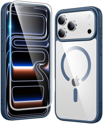 iPhone 17 Pro Max Case: Clear Magnetic Phone Cases with Screen Protector Compatible with Magsafe Slim Anti Yellowing Rugged Shockproof Protective Transparent Cell Phone Cover (B-Blue)