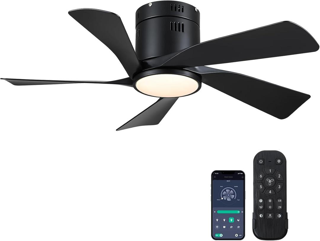 Black Ceiling Fans with Lights - 36" Flush Mount Low Profile Ceiling Fan with Remote/App, Dimmable and 3CCT, Reversible, Modern Ceiling Fan Light for Indoor Bedroom, Kids Room