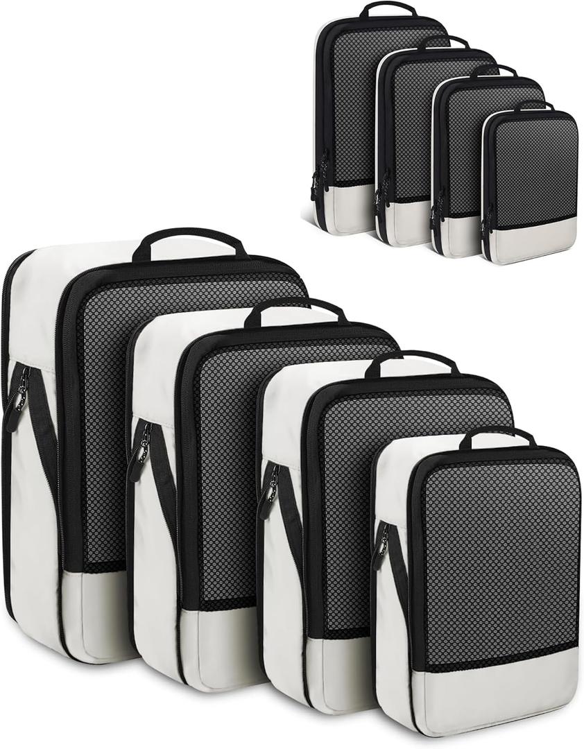 4 PCS Set Compression Packing Cubes for Travel, Lightweight Packaging Organizer Bags for Carry On Space Saving, Travel Essentials Cubes for Suitcase Backpack, Beige