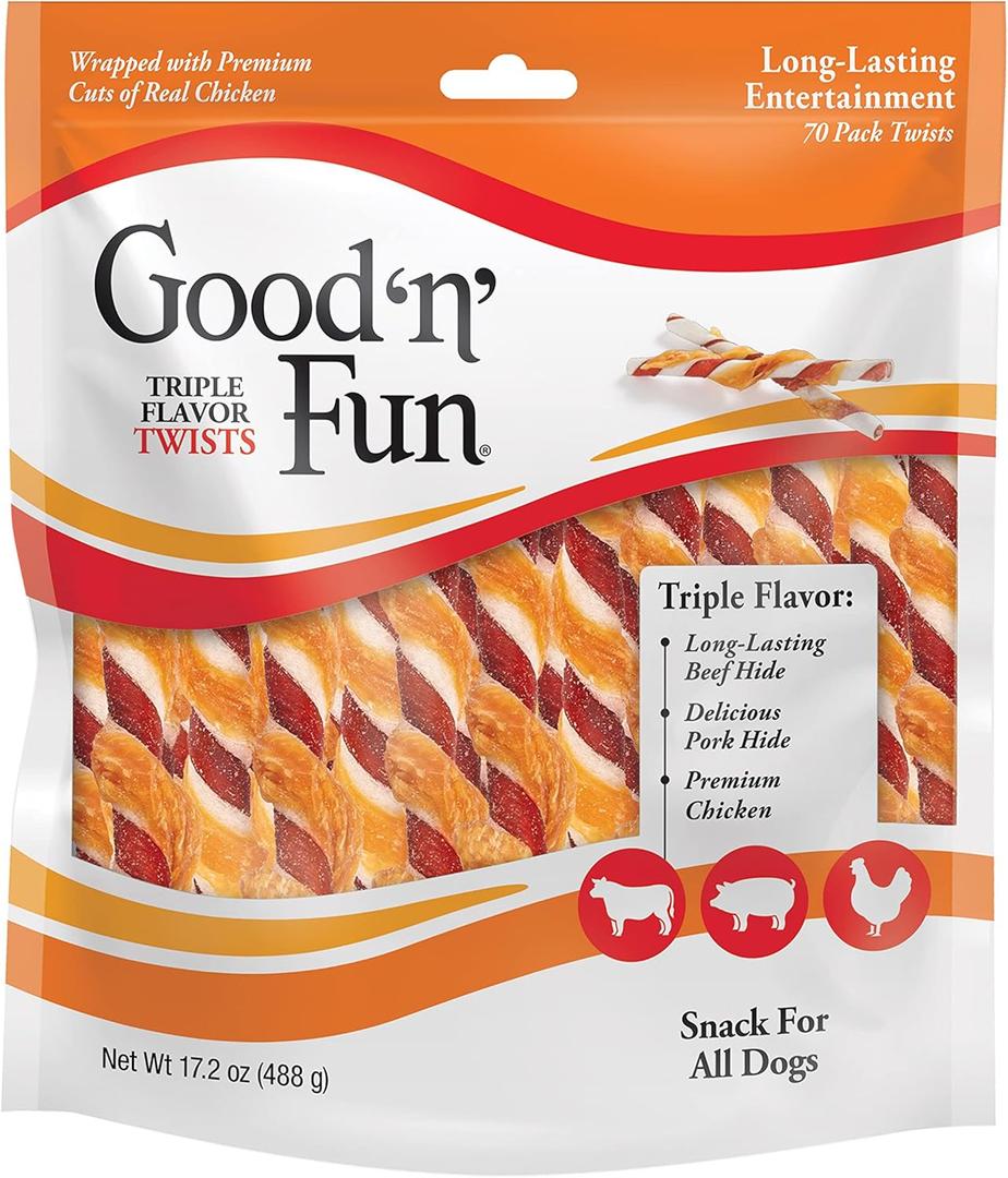 Good n Fun Triple Flavor Twists for All Dogs, 70 Count, Treat Your Dog to Long-Lasting Chews Made with Beef Hide, Pork Hide and Chicken (EXP 04/29/26)