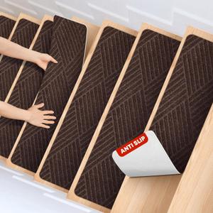MBIGM 8 X 30inches, 15 in Pack, Non-Slip Carpet Stair Treads Non-Skid Safety Rug Slip Resistant Indoor Runner for Kids Elders and Pets with Reusable Adhesive, Brown Weave