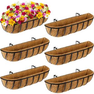 Tessco for you 6 Pieces Railing Planter Boxes, 24 Inches Window Box Planters with Coco Liner and Adjustable Brackets for Deck Porch Fence Patio Balcony Gardening Outdoor Plants