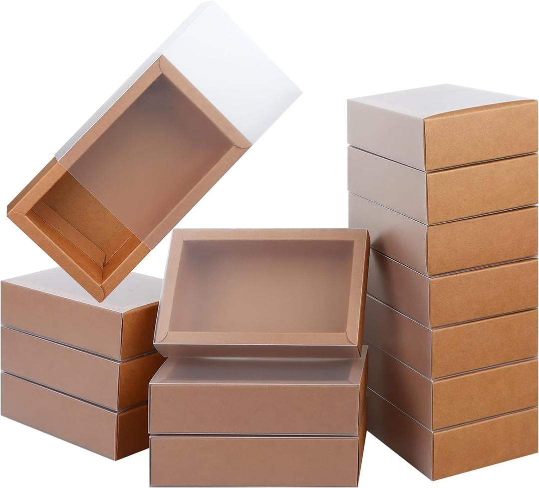 26 PCS Rectangle Drawer Kraft Boxes Small Cardboard Present Packaging Boxes for Party Favor Treats, Candy and Jewelry Crafts, 6.5 x 3.7 x 1.6 inch (Clear frosted, Brown)