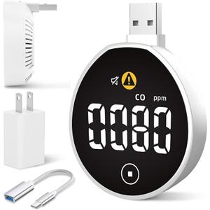 USB Carbon Monoxide Detector with Touch Screen, Plug-in/USB-A/USB-C Powered Carbon Monoxide Monitor Alarm, Portable CO Detector Easy to Read & Use, for Home/Hotel/Travel/Office/RV (1-Pack)