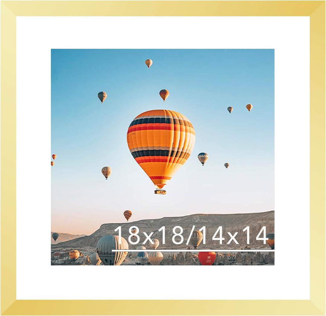 JCJMY 18x18 Picture Frame Gold with 14x14 Mat, Display Photo 14x14 with Mat or 18 x 18 Without Mat, Wall Hanging Large 18x18 Poster Frame with Shatter Resistant Plexiglass, Gold