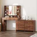 Makeup Vanity Desk with Mirror and Lights, Vanity Desk with 8 Drawers & Storage Shelves, Vanity Table with Power Outlet, 3 Color Modes & Adjustable Brightness Dressing Table, Bedroom, Brown (15.75D*40-68W*55.91H)