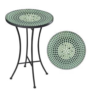 Vipush Mosaic Outdoor Side Table, 14" Round Folding Plant Stand for Patio Garden Backyard Balcony Porch Indoor Accent End Table for Living Room, Ceramic Tabletop with Black Iron, Green