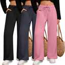 3 Pack Women's Lounge Pants with Pockets Casual Wide Leg Drawstring Yoga Pants Straight Trousers Spring Bottoms (Medium, Pink, Dark Gray, Black)