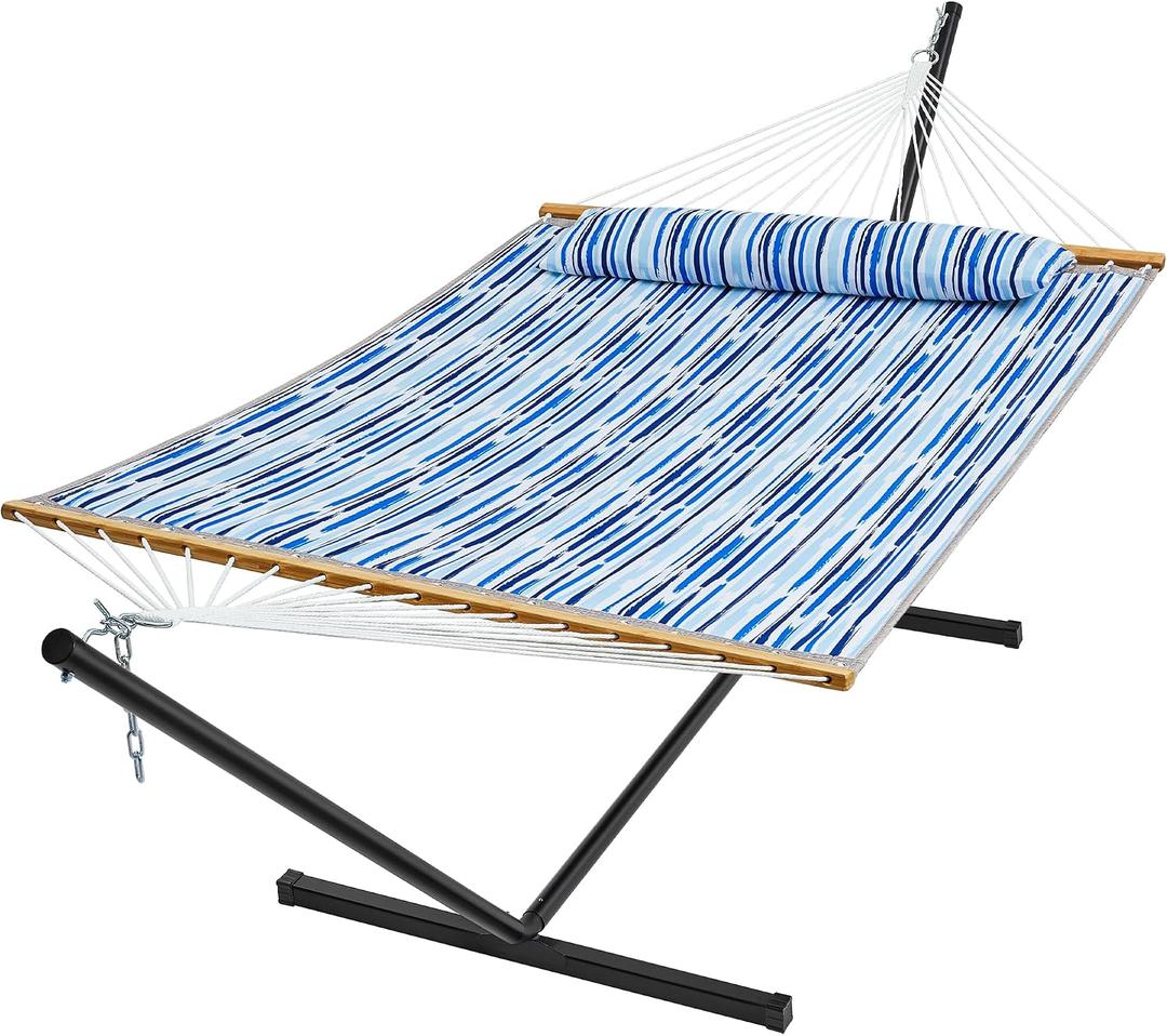 SUPERJARE Hammock with Stand, 2 Person Quilted Outdoor Hammock, Detachable Pillow & Bamboo Spreaders, Portable Hammock with Carrying Bag, Heavy Duty Stand, Perfect for Outside, Patio, Graffiti Blue