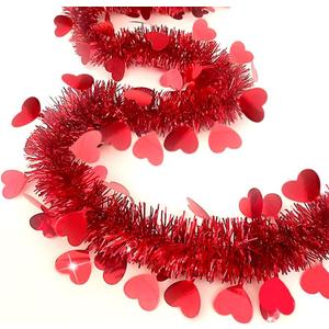 66 Ft Valentine's Day Tinsel Garland Shiny Thick Tinsel Valentines Decorations Metallic Twist Foil Red Heart Ornaments for Anniversary Wedding Parade Floats Holiday Indoor Outdoor Decor Supplies