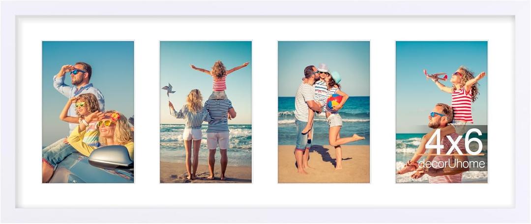DecorUhome 8x20 Picture Frames Collage Wall Decor, Display 4Pcs 4x6 Photos with Mat or 1Pcs 8x20 Unmatted, 4 4x6 Collage Picture Frames for Wall Mounting, White
