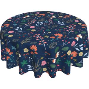 Spring Summer Floral Tablecloth Round 70 Inch Farmhouse Navy Blue Background Wildflower Round Tablecloth Polyester Washable Table Cover Table Cloth for Kitchen Dining Room Picnic Patio Party