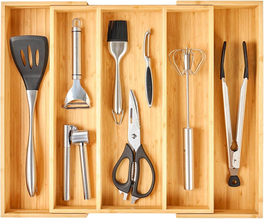 Kitchen Drawer Organizer, Bamboo Utensils Silverware Tray, Adjustable Large Deep Wood Organization Holder