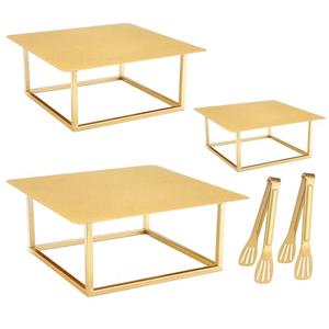 Dualshine 3 Pcs Square Gold Cake Stand Set, 8" 10" 12" Elegant Wedding Cake Stands & Dessert Table Display - Perfect for Birthday, Wedding Reception & Party Decor - Includes 2 Gold Tongs (Metal)