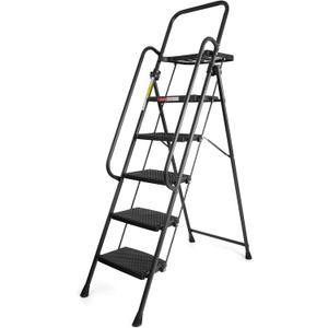 5 Step Ladder, Folding Step Stool with Handle,Tool Platform and Anti-Slip Pedal, Steel Ladder,Lightweight, Perfect for Home and Kitchen, Black