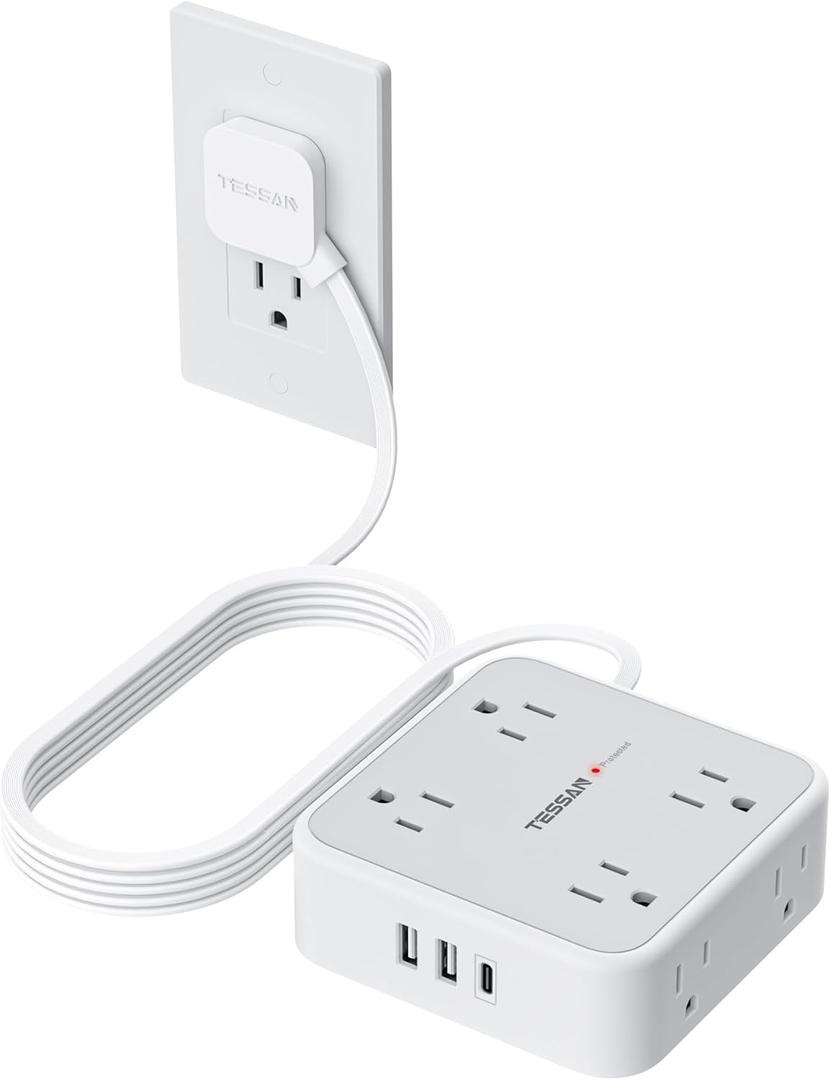TESSAN Surge Protector Power Strip, 10 Ft Flat Plug Extension Cord with 3 USB (1 USB C) 8 Outlets, 1250W, 900J Protection, 3 Sided Outlet Extender with Power Switch for Office, Dorm Room, Grey