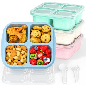 Bento Snack Boxes (4 Pack)- Reusable 4-Compartment Meal Prep Containers for Kids and Adults, Perfect Food Storage School, Compact Stackable (Wheat(Green/Blue/PK/Beige))
