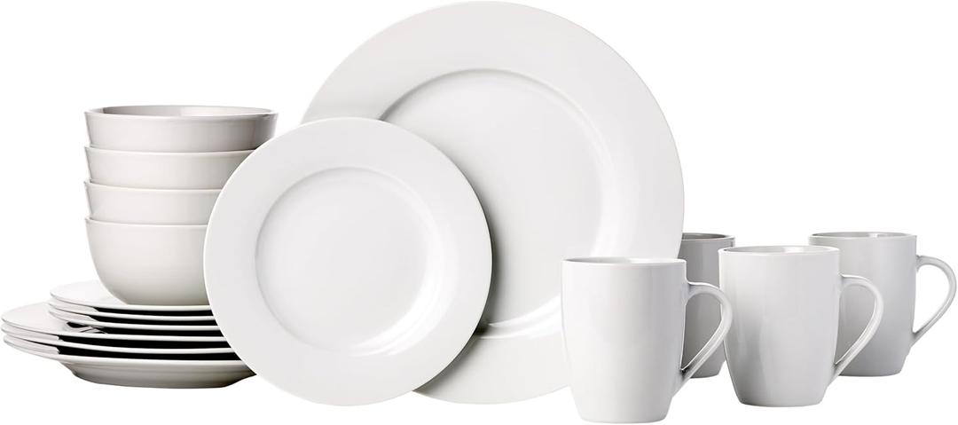 Amazon Basics 16-Piece Porcelain Dinnerware Set, Microwave and Dishwasher Safe, Service for 4, Plates, Bowls and Mugs, White