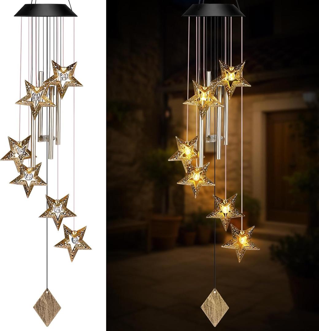 Colingmill Solar Wind Chimes for Outside Waterproof Hanging Wind Chimes Lights Outdoor Decor Yard Garden Gifts for Mother Mom Grandma Wife Neighbors(Star,Warm Colored Lights)