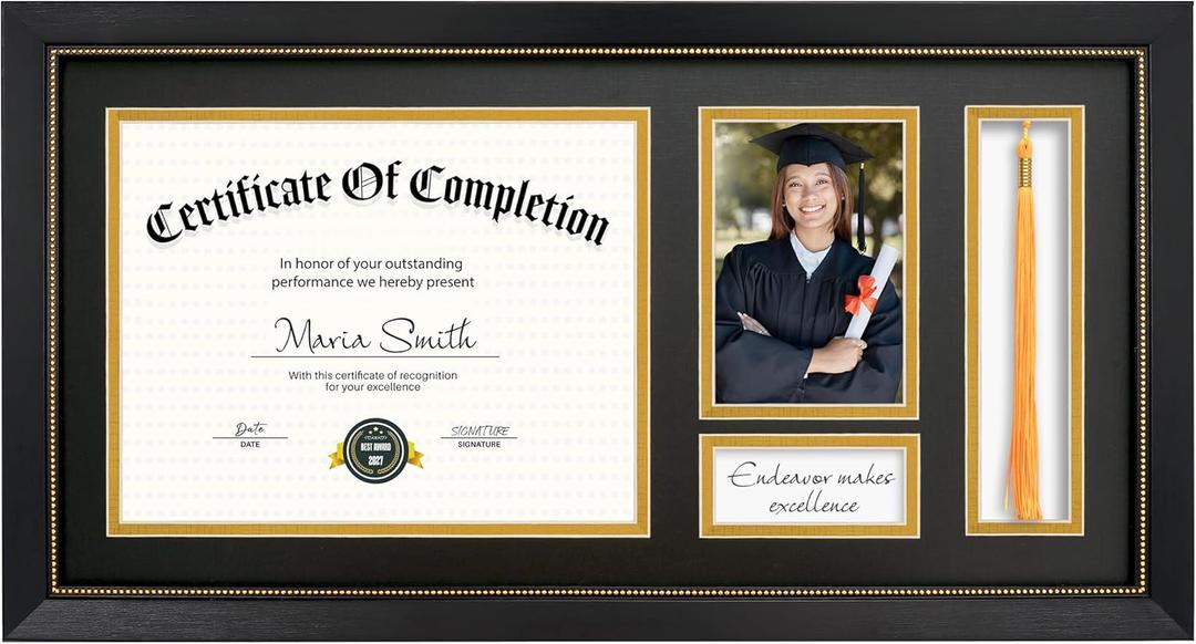 11x22 Diploma Frame with Tassel Holder, Graduate Frame for 8.5x11 Certificate Document and 4x6 Photo, Linen Texture Black over Gold Double Mats, HD Real Glass, Black with Gold Beads Embossing