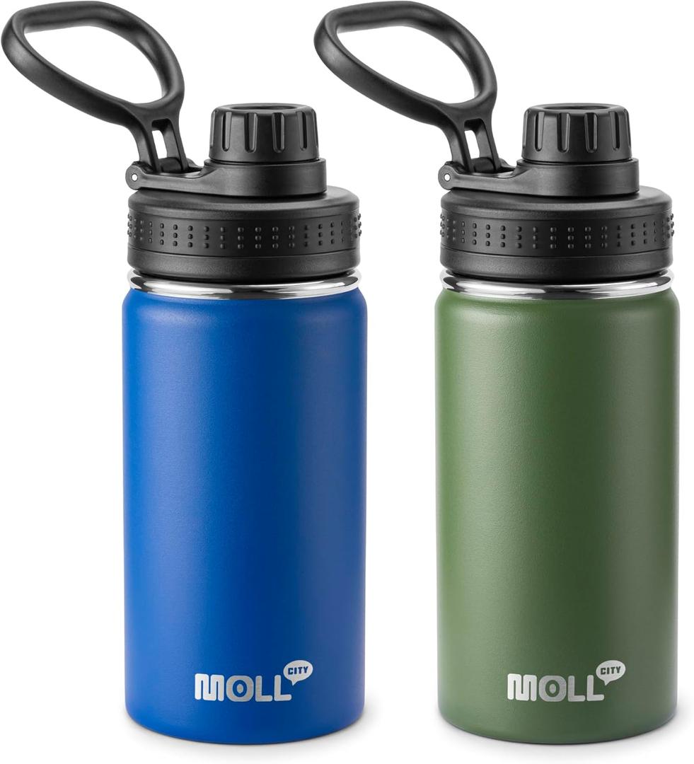 Kids Insulated Water Bottle-12 oz Stainless Steel Sports Water Bottle Wide Mouth with Leakproof Spout Lid-Gift for Boy, 2 Pack (Navy-Grass Green)