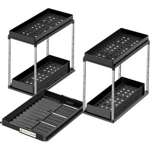 NIUXX Expandable Under Sink Organizer: 2 Tier Height Adjustable
Under Cabinet Organizer - Double Pull Out Shelf Under Sink Storage for Kitchen - Bathroom and Laundry Room - Space Saving