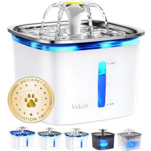 Veken Innovation Award Winner 95oz/2.8L Cat Water Fountain with Stainless Steel Lid, Automatic Pet Fountain Dog Water Dispenser with Replacement Filters for Cats, Dogs (Silver, Stainless Steel)