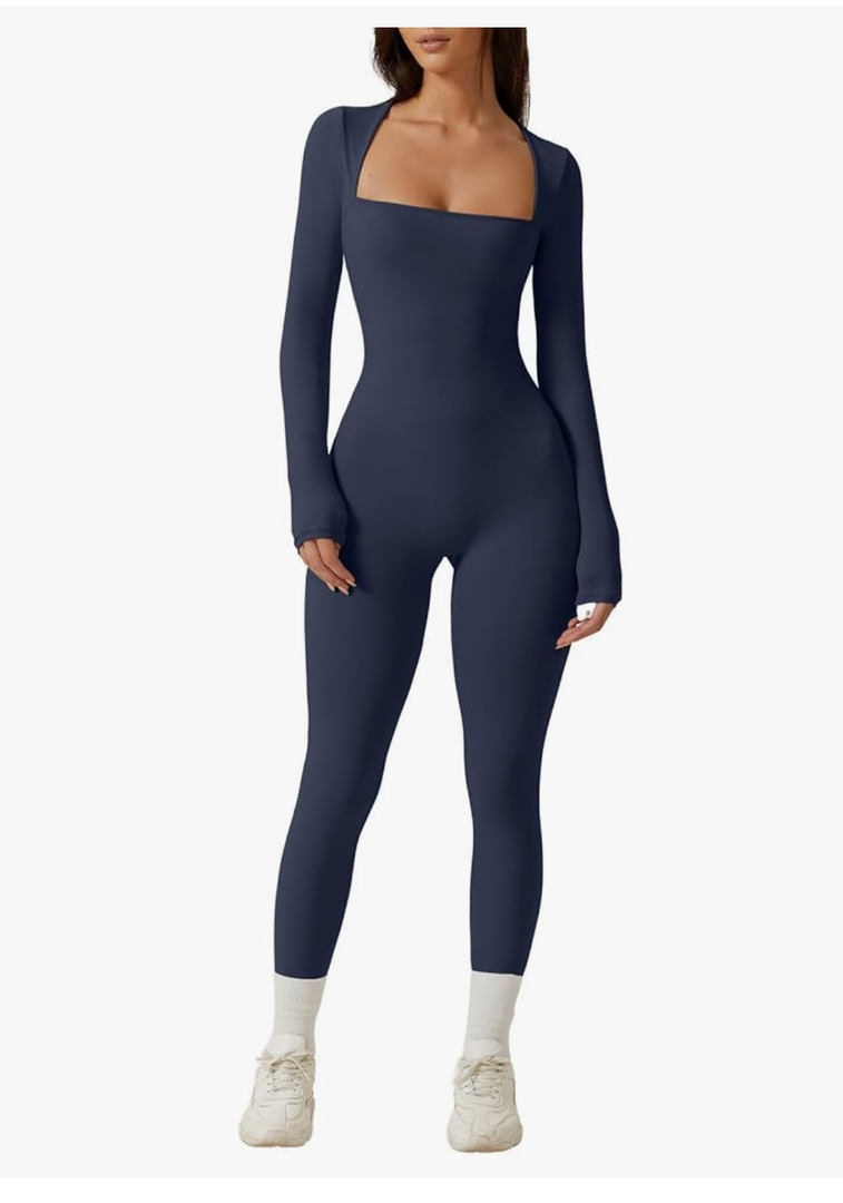 QINSEN Womens Sexy Square Neck Long Sleeve Full Length Leggings Bodycon Stretch Jumpsuit, Size S