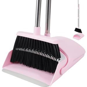 Pink Broom and Dustpan Set, 52 Long Adjustable Handle Broom with Dustpan Combo Set with Dust Pan Teeth to Clean Hair for Home Lobby Office