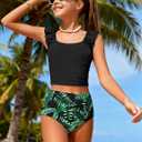 Girls Tankini Swimsuit 2 Piece Bathing Suit Twist Cross Back Cutout Swim Tank Top Floral Print Swimwear for 13-14Y (Black)