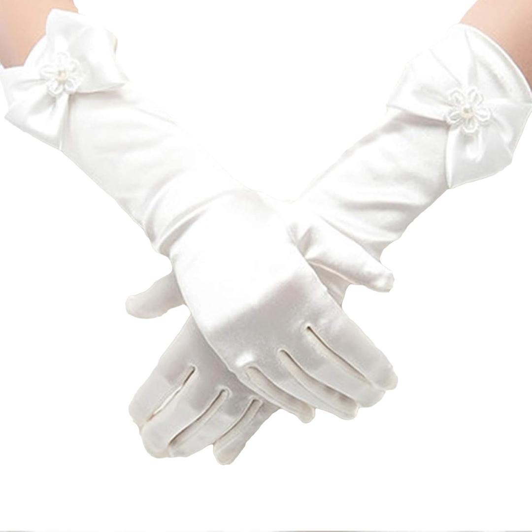 Princess Satin Gloves - Formal Bow Flower Gloves (White) Princess Satin Gloves - Formal Bow Flower Gloves (White)