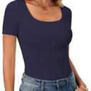 Vrtige Women's Casual Scoop Neck Short Sleeve Ribbed Knit Basic Fitted T Shirt Tee Top Navy Blue XX-Large (XXL)