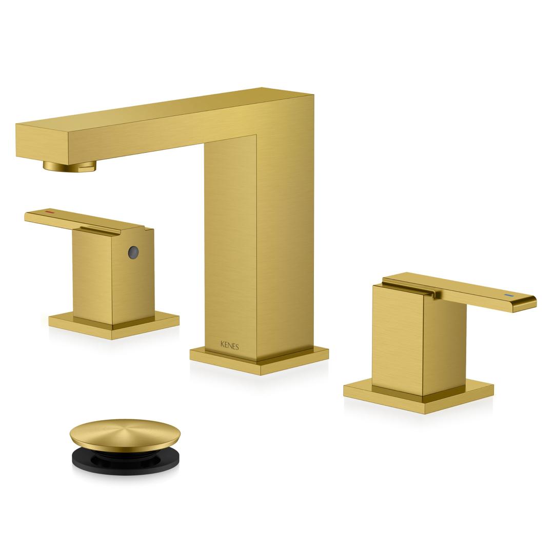 KENES Brushed Gold Widespread Bathroom Faucet 3 Hole Bathroom Sink Faucet Gold Two Handle, 8-Inch 3 Pieces Bathroom Vanity Faucet with Pop Up Drain & Supply Lines, KE-9050-4-P