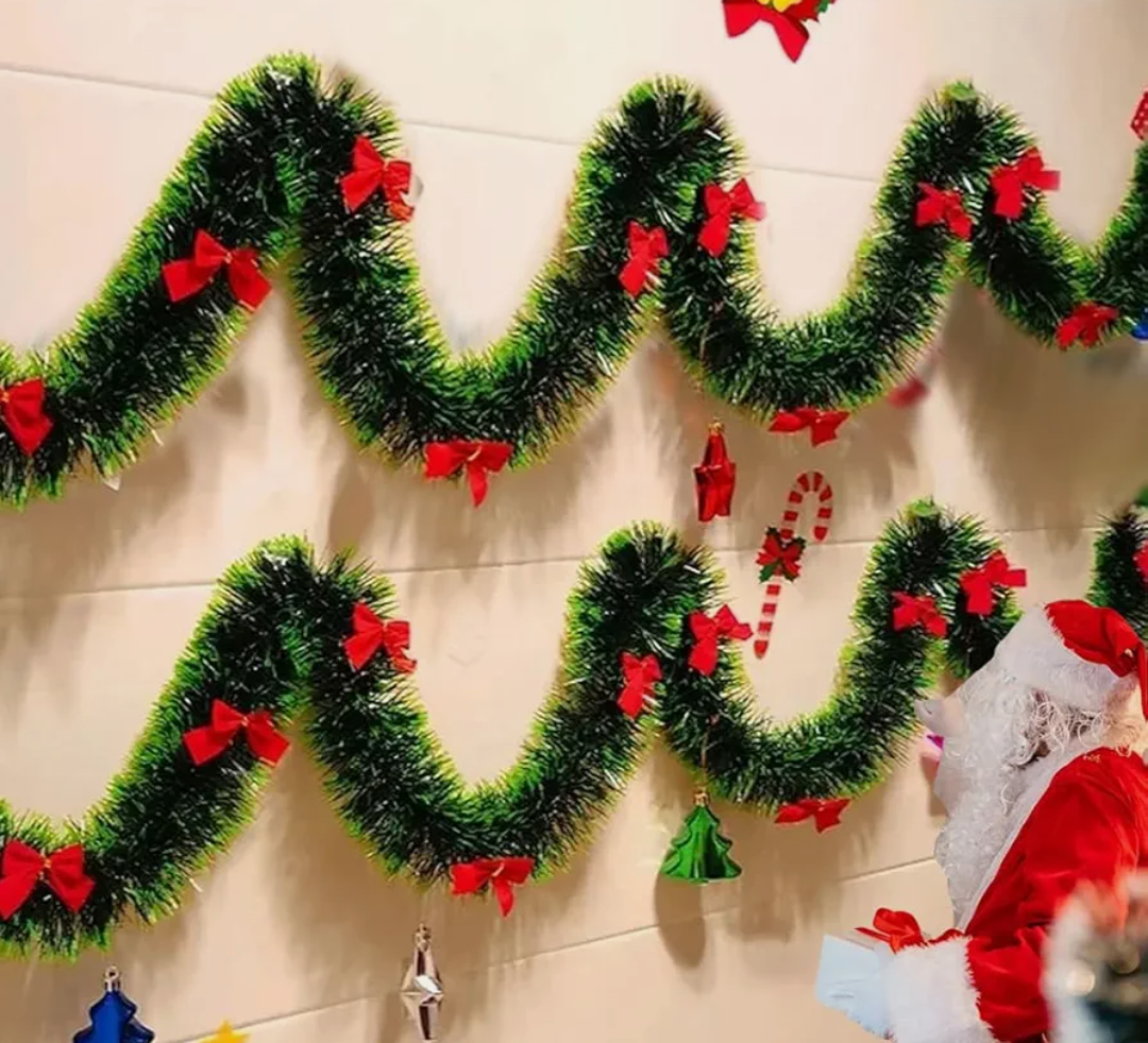 2m*11cm Simulated Madder with Lace Strips Thicked Stripes Christmas Garland Wedding New Year Party Decor (Dark Green with Green Edges)