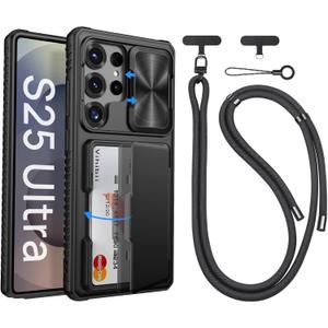 Vihibii for Samsung Galaxy S25 Ultra with Case Crossbody Lanyard Strap, Build-in Card Holder (4 Cards), [RFID Blocking] & Slide Camera Cover & Military Grade Drop Protection Wallet Cover, Black
