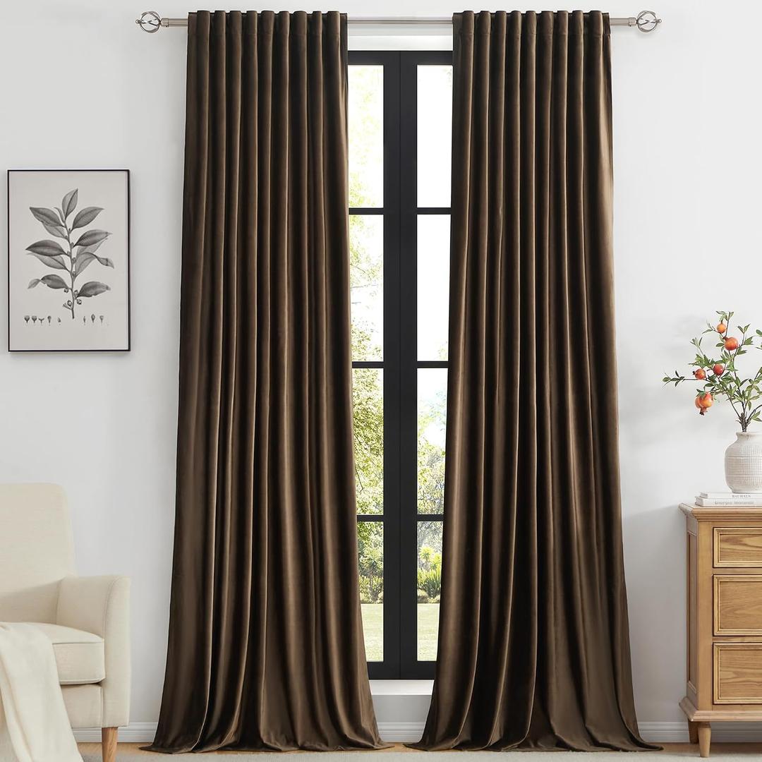 PRIMROSE Brown Polyester Velvet Curtains 84 inch Long for Living Room,Set of 2 Panels Blackout Rod Pocket Back Tab Window Treatment Room Darkening Heavy Decorative Curtains Drapes for Bedroom., 52"W x 84"L