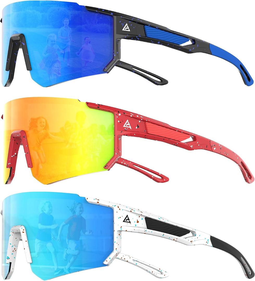 3PACK Kids Sunglasses Youth Baseball Sunglasses for Boys Girls Age 4-14, Softball Cycling UV400 Protection Sports