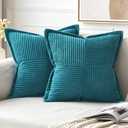MIULEE Decorative Throw Pillow Covers for Couch Bed Livingroom 20x20 Inch Set of 2 Teal Blue Boho Accent Throw Pllows Broadside Striped Patchwork Soft Corduroy Summer Coastal Pillowcases