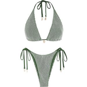 ZAFUL Women's Triangle Bikini Multiway Fishnet Tie Side Bandeau Halter String Bikini Set Two Piece Swimsuit Bathing Suits, Small (1- Army Green)