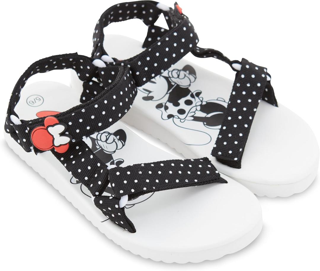 Disney Ladies Minnie Mouse Strap Sandals - Ladies Classic Minnie Mouse Double Strap Sandals Slip On Sandal Shoes (9-10, White Black)