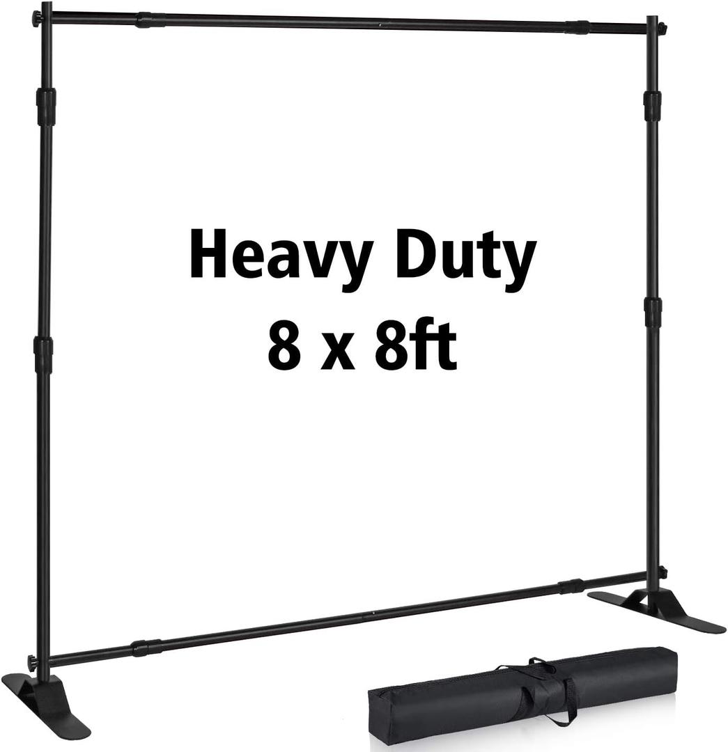 Photo Backdrop Stand - Heavy Duty Banner Holder Adjustable Photography Poster Stand - Height Up to 8x8 ft for Trade Show, Photo Booth, Parties, Wedding, Birthday, Photoshoot Background