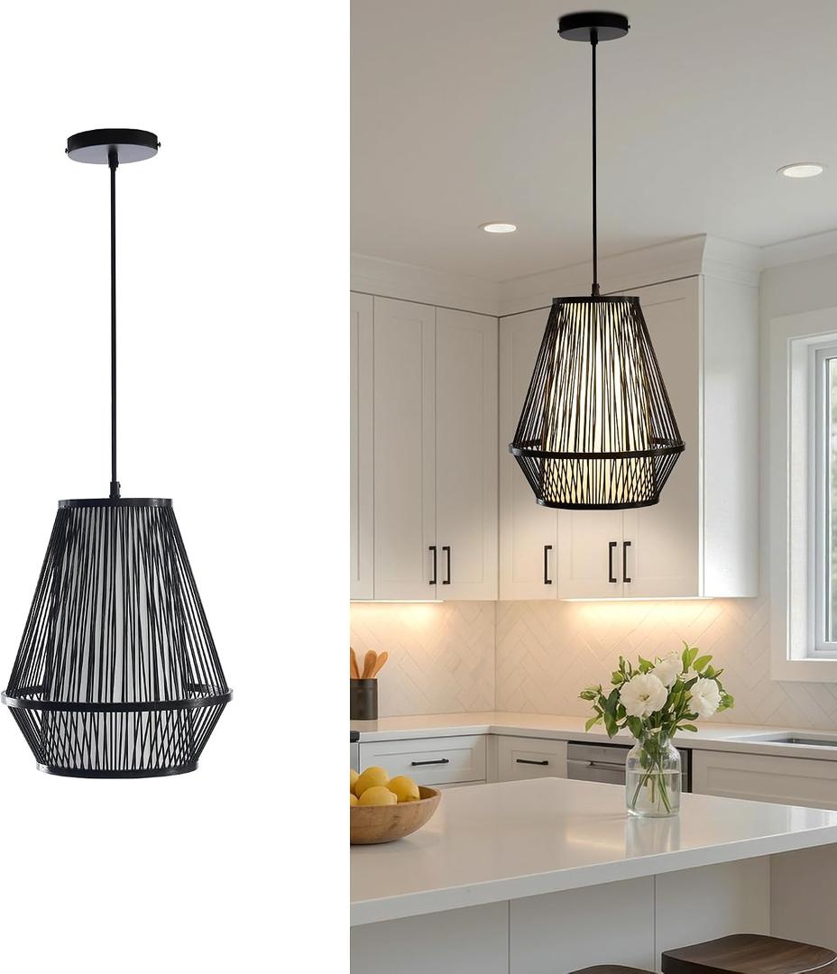 Boho Pendant Light, Bamboo 12" Basket Hanging Light, Large